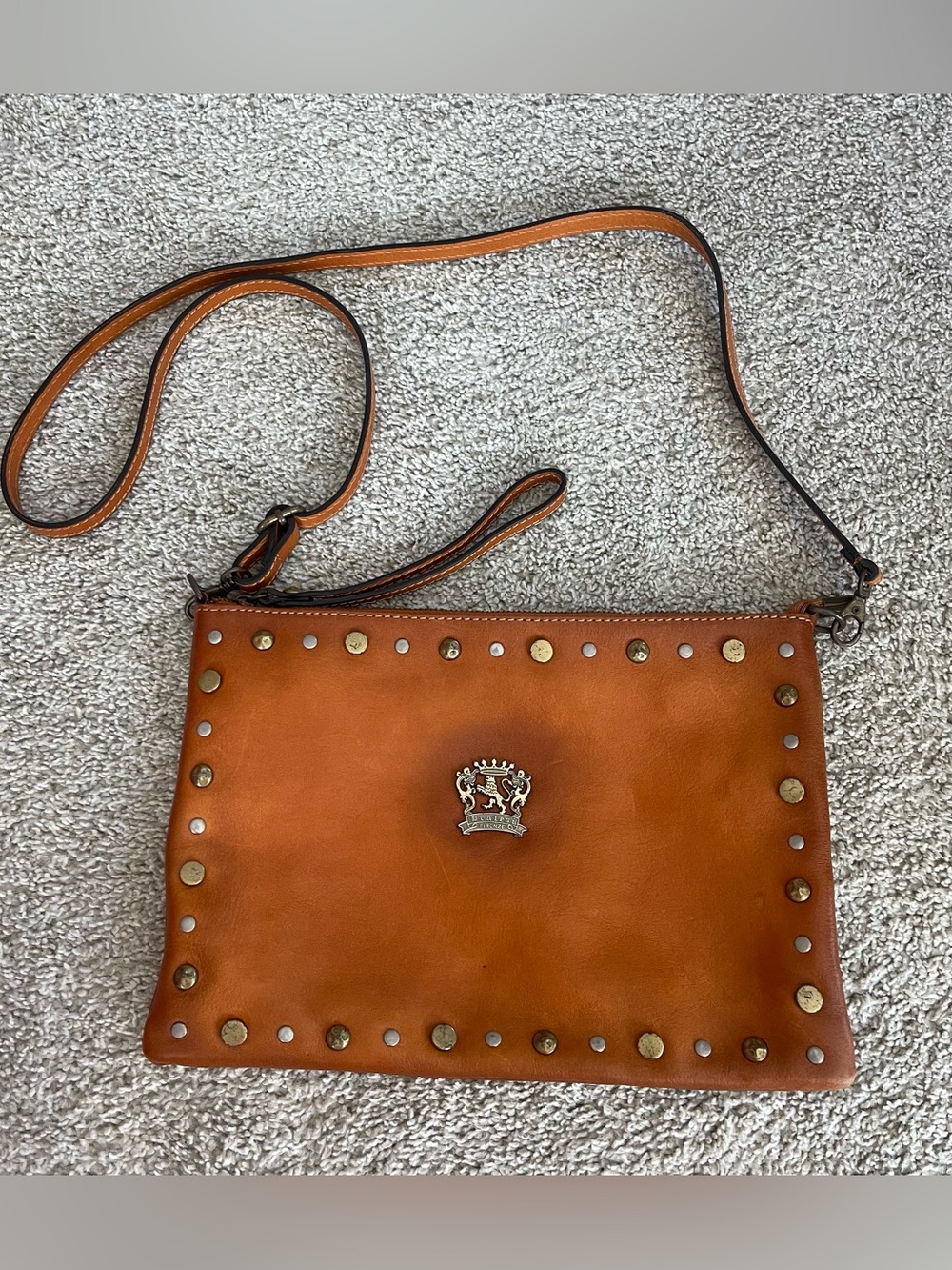 Pratesi Firenze Cognac Leather Studded Leather Crossbody Clutch Wristlet Bag